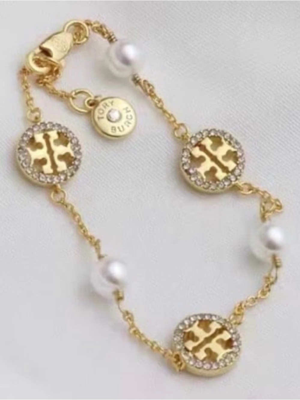 Tory Burch Gold Logo Disc & Pearl Station Bracelet